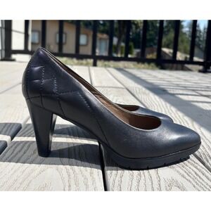 ECCO Black Leather Pumps Quilted Pointed Toe Classic Heels Women's 7-7.5